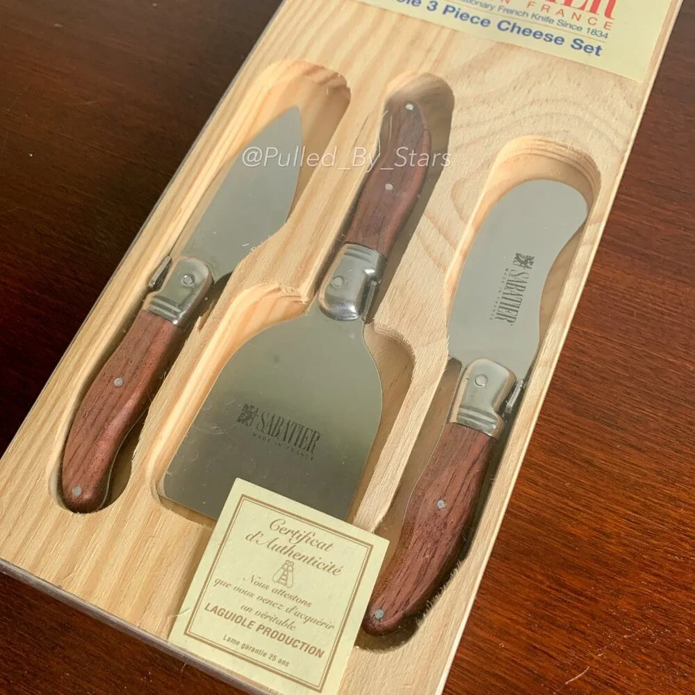 New Vintage Deadstock SABATIER Laguiole 3 Piece Rosewood Cheese Set in Wood Tray - Picture 15 of 16